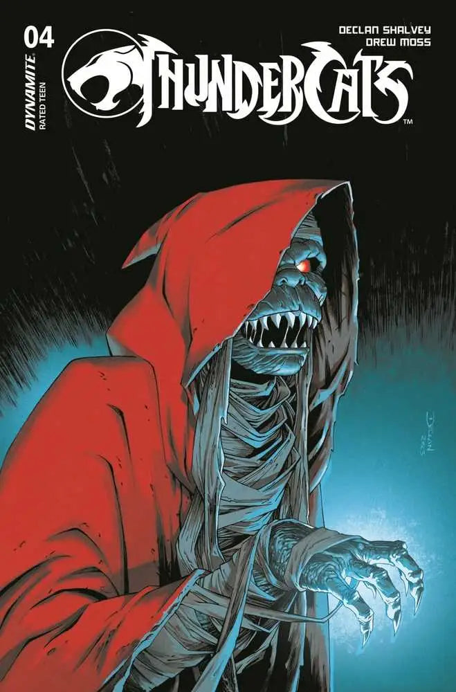 Menacing hooded figure in red with glowing eyes on Thundercats #4 Cover C trading card