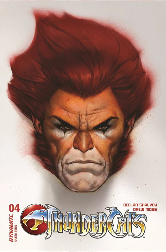 Fierce cartoon character with red spiked hair against Thundercats logo for trading cards