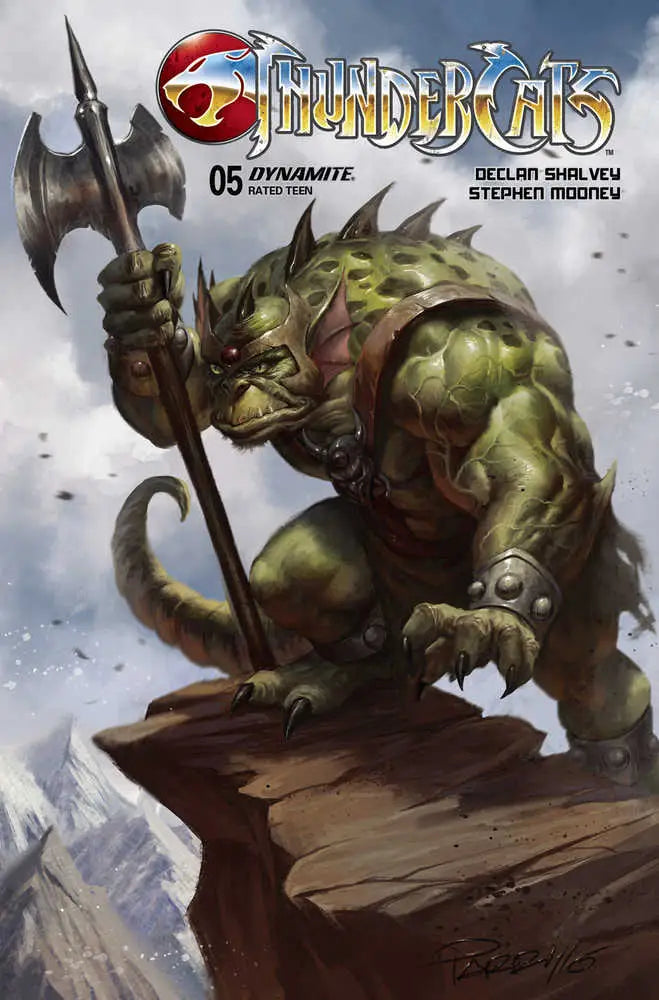 Muscular green lizard creature with battle axe on rocky outcrop for Thundercats trading cards