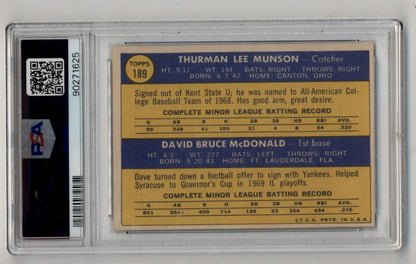 Thurman Munson McDonald baseball card with player stats in protective holder, Yankees Rookies PSA