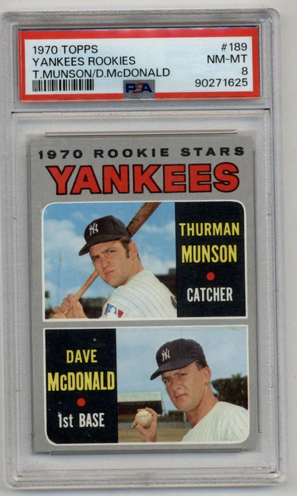 1970 Topps Yankees Rookies baseball card of Thurman Munson McDonald in PSA 8 case