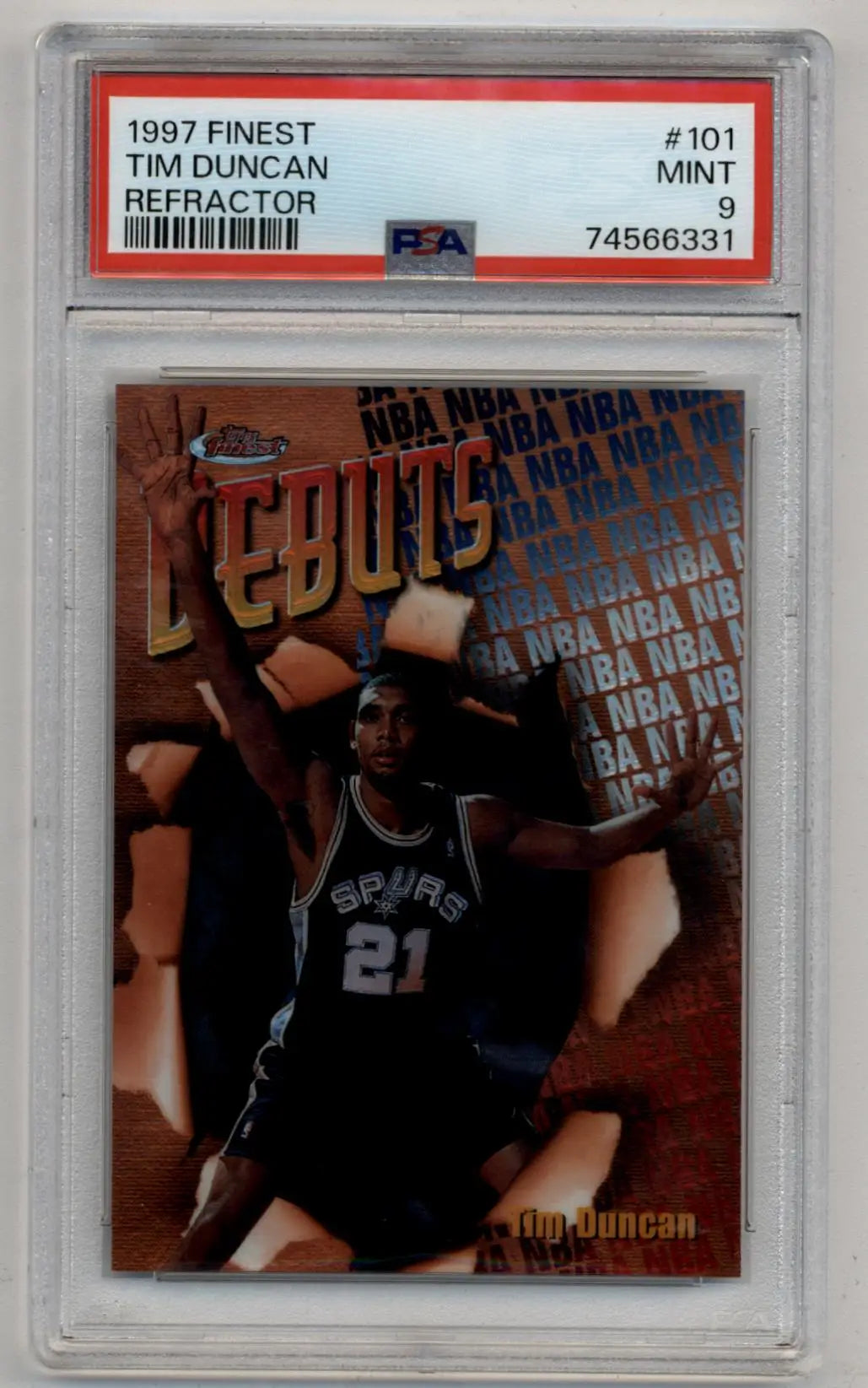 Tim Duncan 1997-98 Finest Refractor #101 PSA 9 Mint trading card in black Spurs jersey