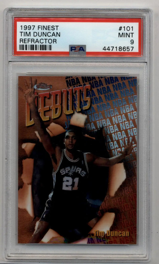 Tim Duncan 1997 Finest Refractor basketball card in black jersey PSA 9 Mint condition