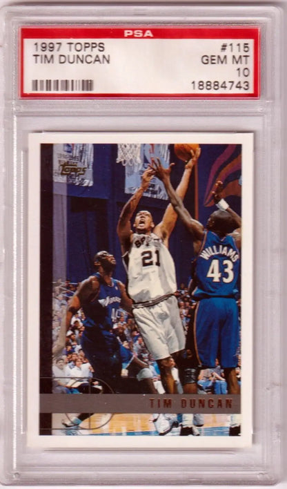 PSA-graded 1997 Topps Tim Duncan Rookie Card #115 featuring Spurs vs Warriors game action