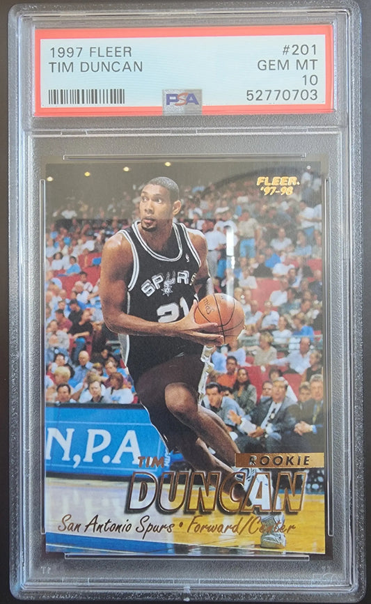 Tim Duncan 1997 Fleer #201 PSA 10 Gem Mint basketball trading card in black jersey