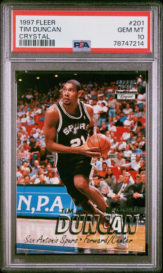 Tim Duncan 1997 Fleer Crystal #201 PSA 10 Gem Mint basketball card in black jersey