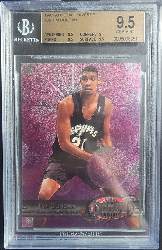 Tim Duncan 1997 Metal Universe #66 BGS 9.5 Gem Mint basketball card in black jersey