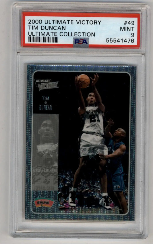 PSA-graded Tim Duncan 2000 Ultimate Victory basketball card in protective case