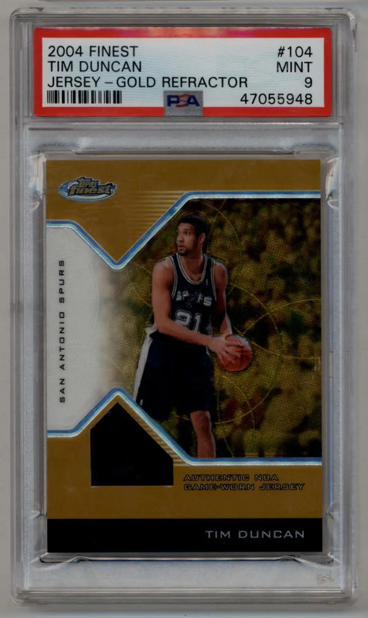 PSA-graded Tim Duncan 2004-05 Finest Gold Refractor Jersey card in black Spurs jersey