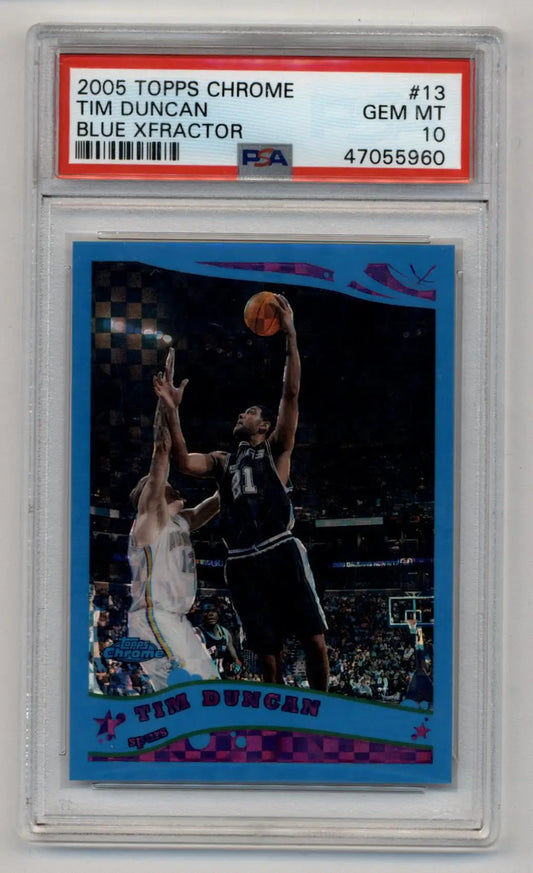 PSA-graded 2006 Topps Chrome Blue X-Fractor Tim Duncan basketball card in protective case