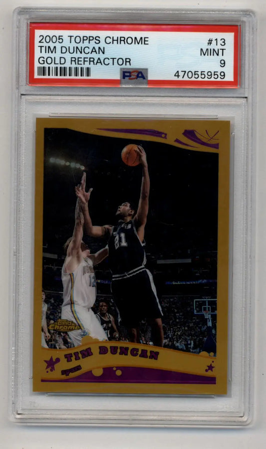 PSA-graded Tim Duncan 2005-06 Topps Chrome Gold Refractor card in action shot