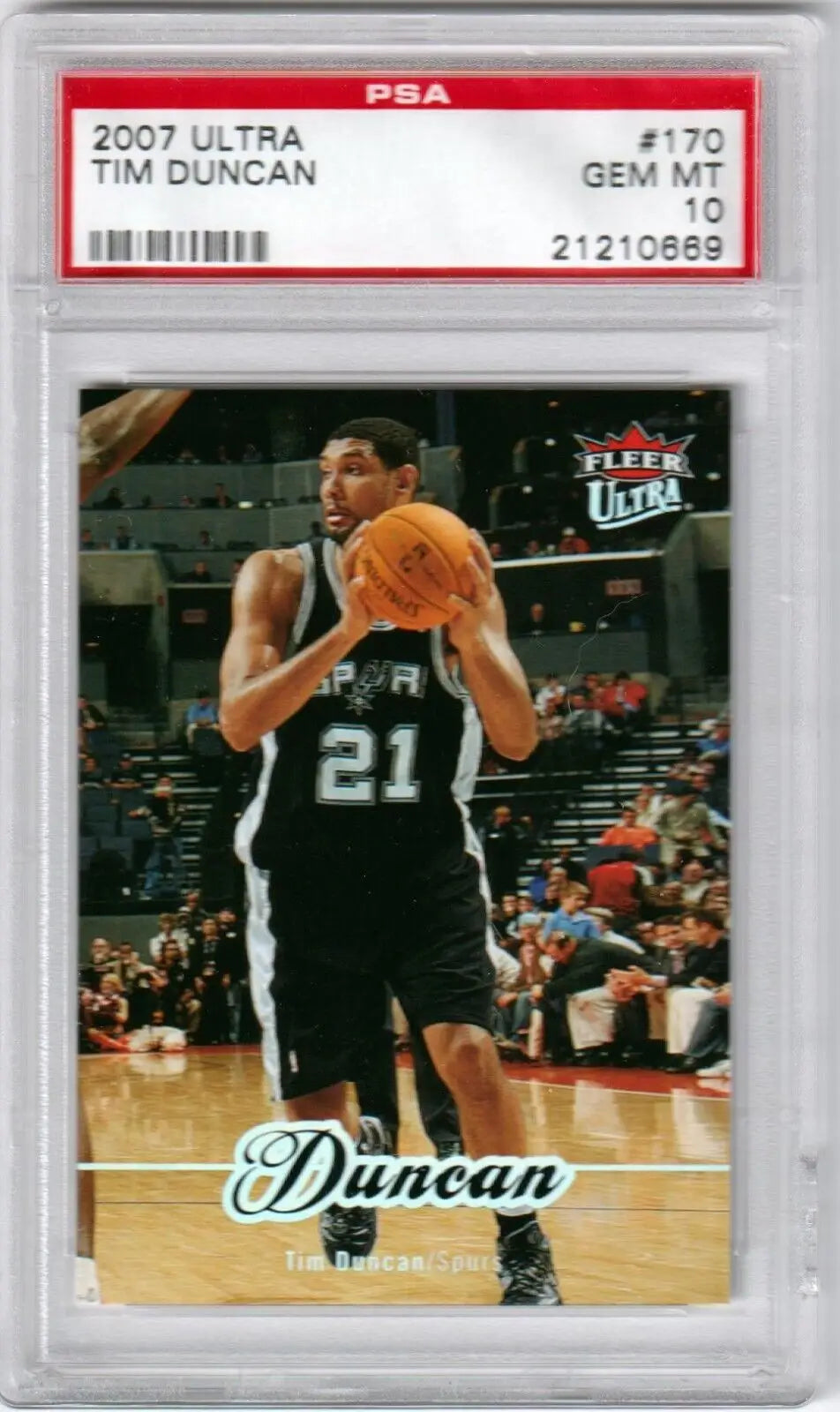 PSA-graded 2007 Ultra Tim Duncan basketball card in black Spurs jersey, Columbia Hobby