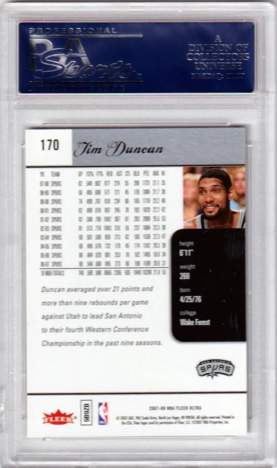 Tim Duncan 2007-08 Fleer Ultra #170 PSA 10 GEM MINT single card in protective case