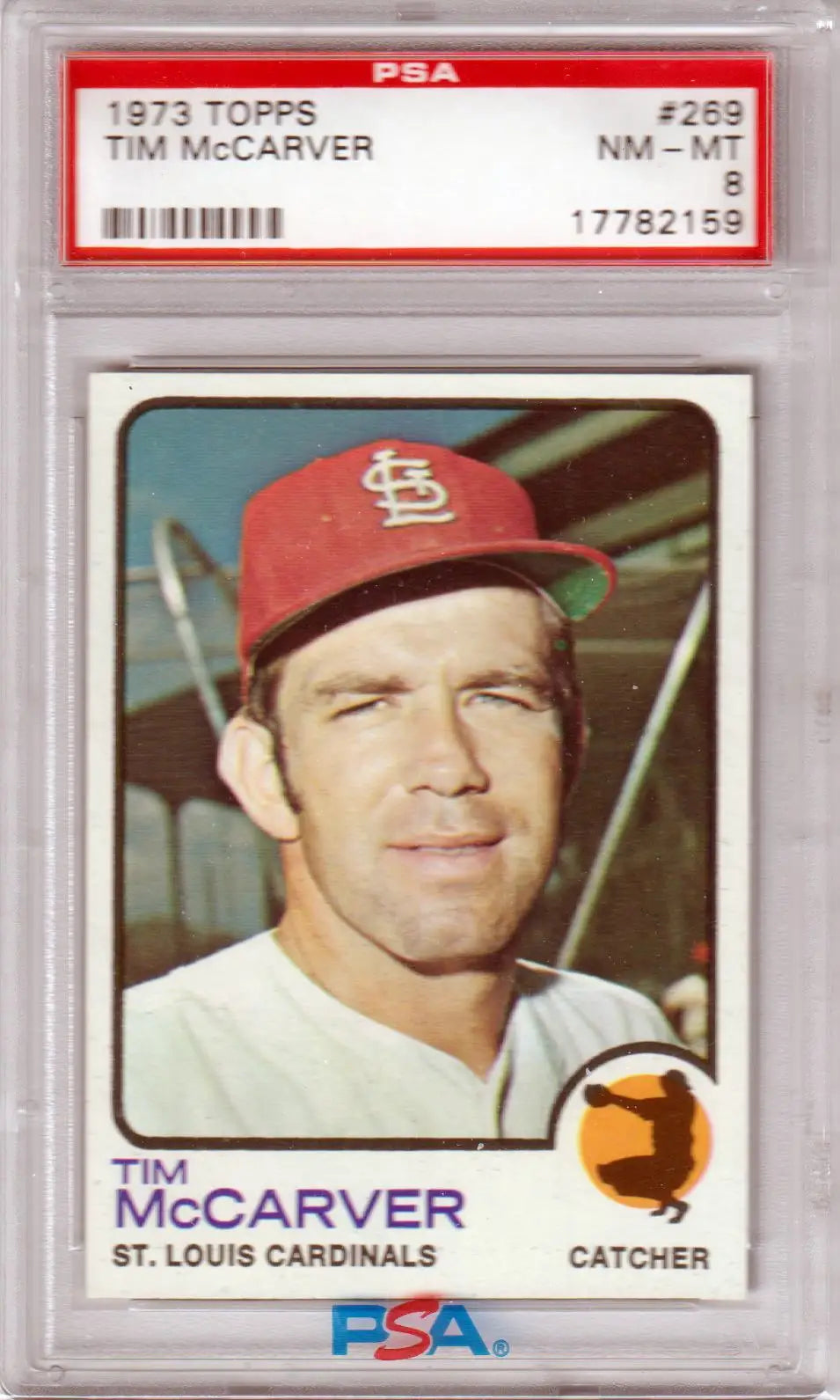 PSA-graded 1973 Topps Tim McCarver trading card in protective case from Columbia Hobby