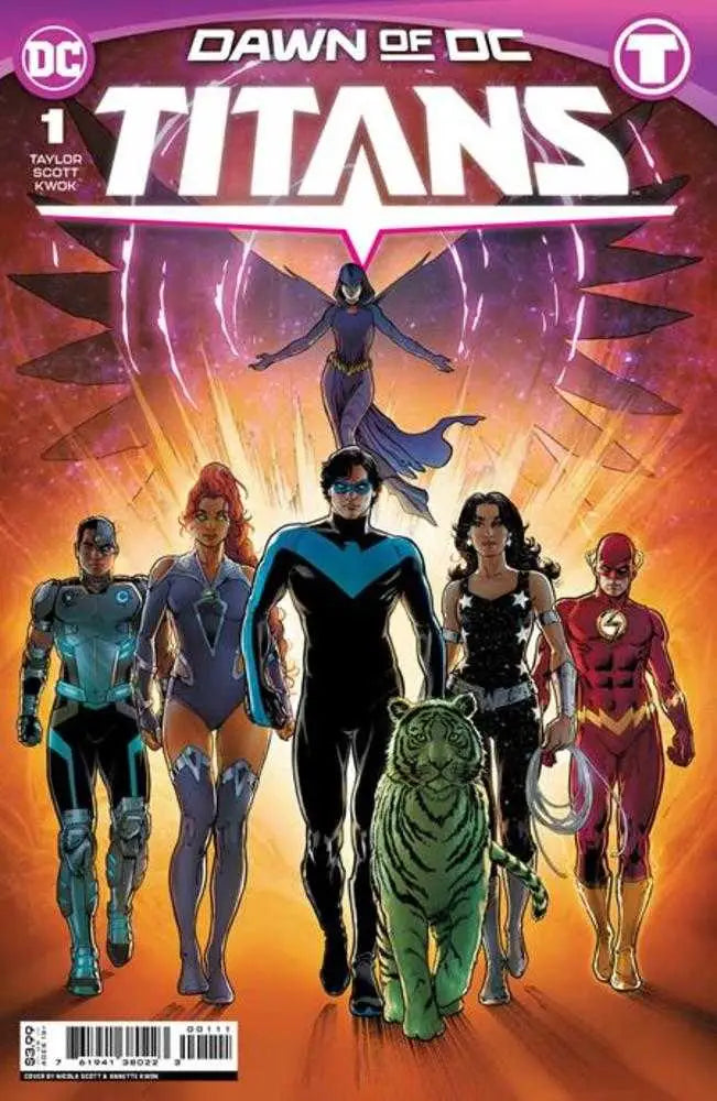 Comic book cover for Titans #1 by Nicola Scott featuring superheroes and dramatic lighting