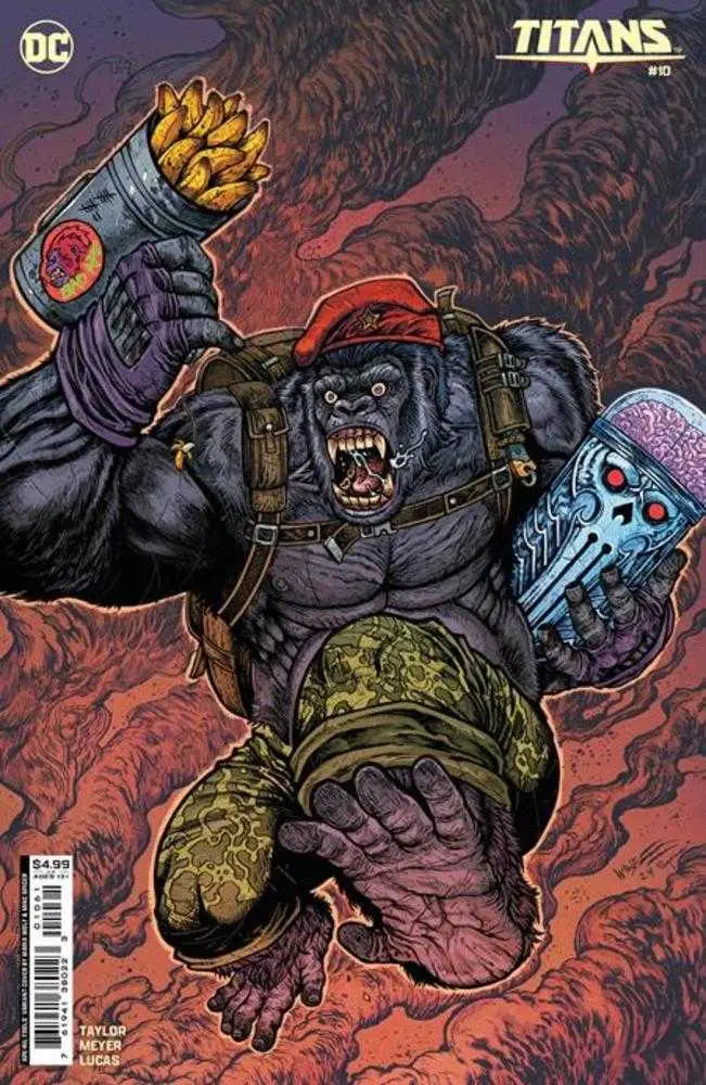 Muscular gorilla in military gear against fiery backdrop on Titans #10 trading cards