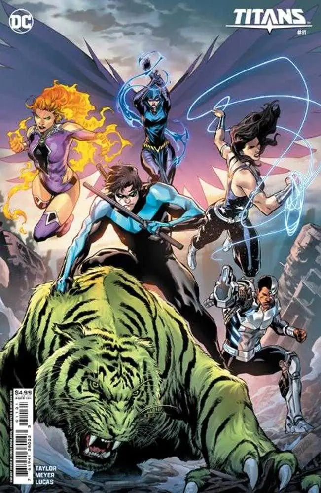 Comic book cover of Titans #11 with team vs green tiger creature for trading cards