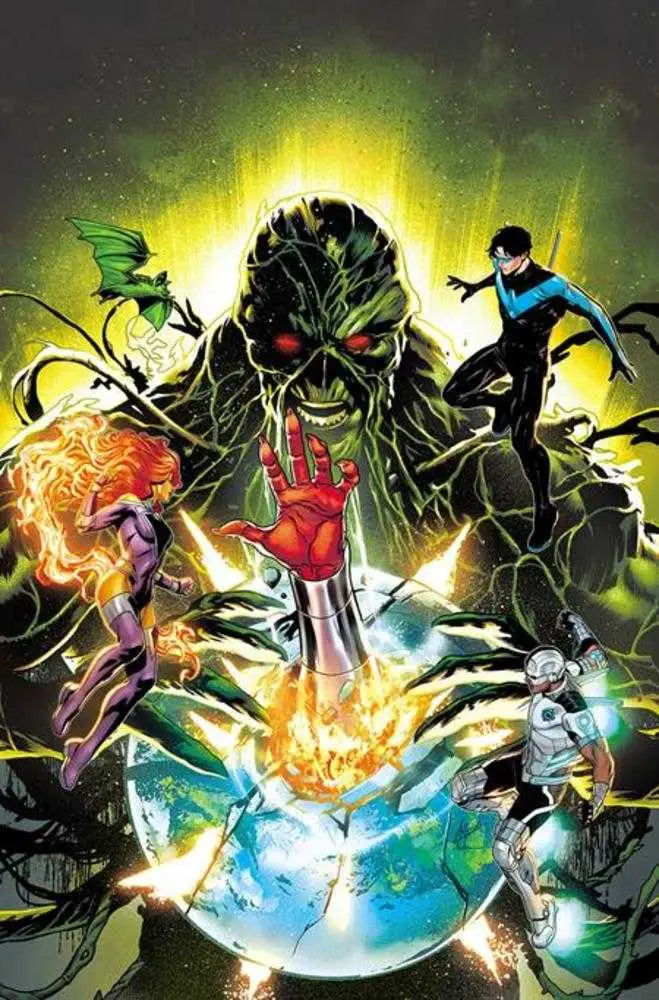 Comic book cover artwork by Lucas Meyer featuring Swamp Thing in dynamic battle poses