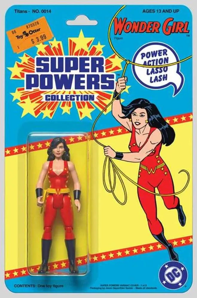 Vintage Wonder Girl action figure in red outfit on DC Super Powers card stock packaging