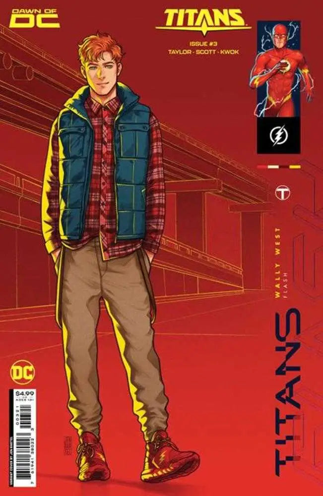 Comic book cover of Titans #3 featuring character in blue vest and red plaid shirt for trading cards