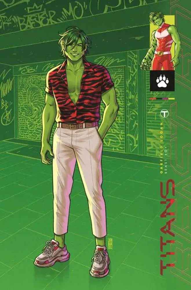 Green-skinned character in red tiger-striped shirt on Titans #7 Card Stock Variant trading card