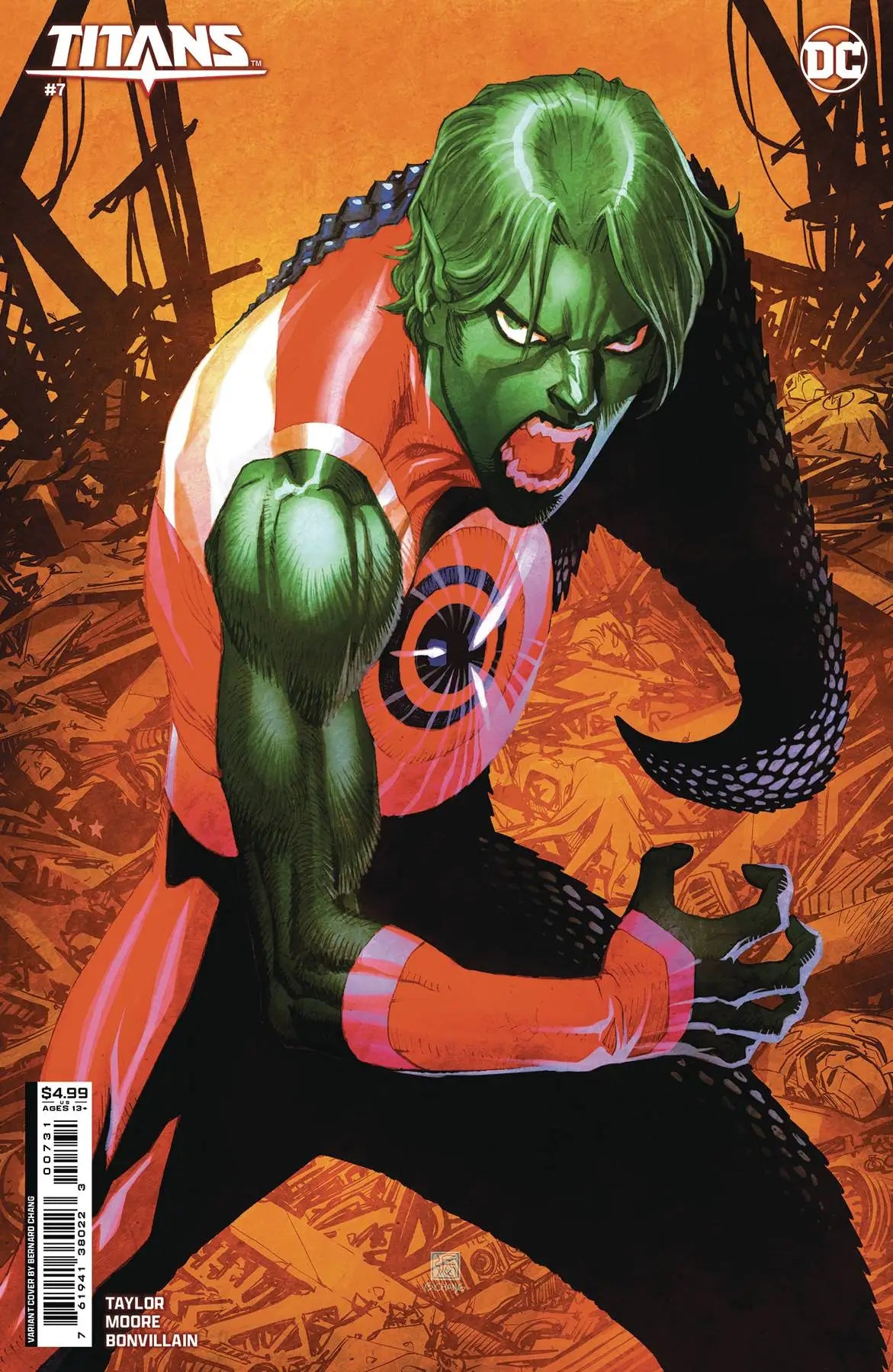 Green-skinned superhero in red and black costume for Titans #7 trading cards