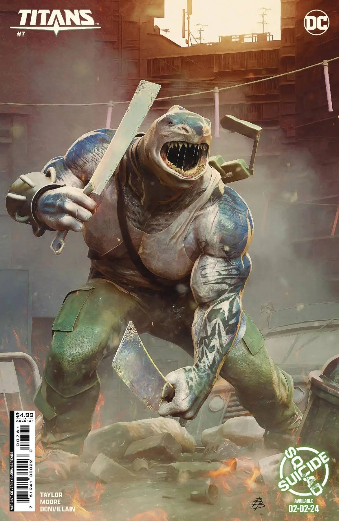 Robotic shark creature in armor on Titans #7 King Shark trading card variant cover