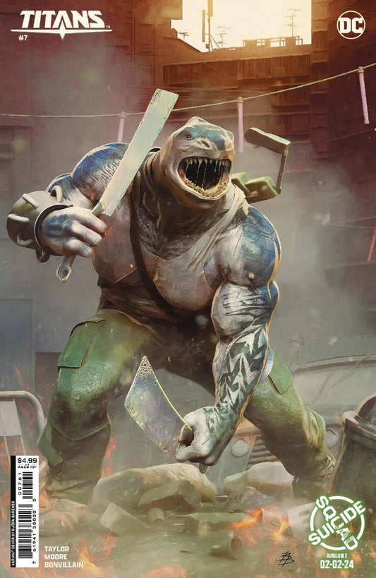 Robotic shark creature in armor on Titans #7 King Shark trading card variant cover