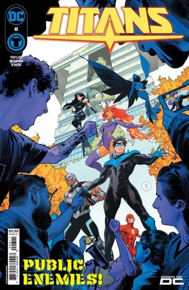 Comic book cover of Titans #8 featuring superheroes in action with PUBLIC ENEMIES text