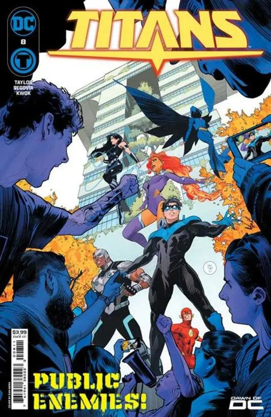 Comic book cover of Titans #8 featuring superheroes in action with PUBLIC ENEMIES text