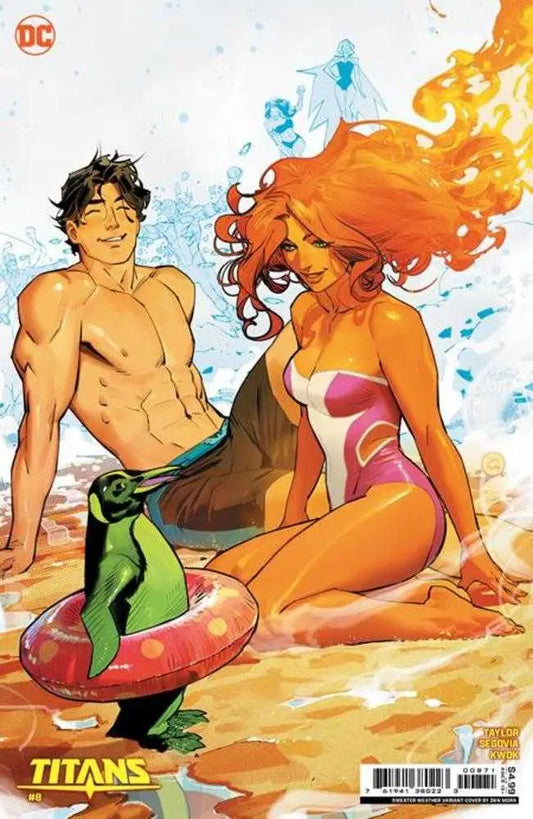 Comic book cover art of Titans #8 with characters on beach, perfect for trading cards