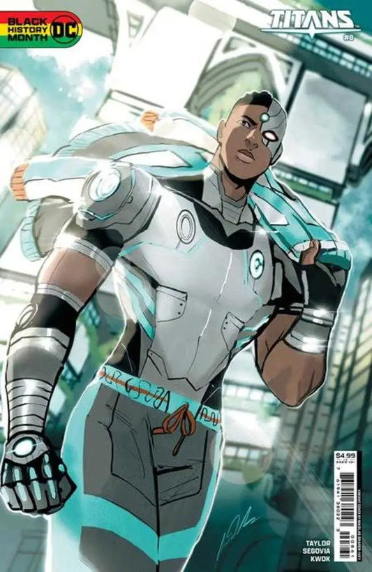 Comic book cover art of Titans #8 features a hero in teal armor for Black History Month trading cards