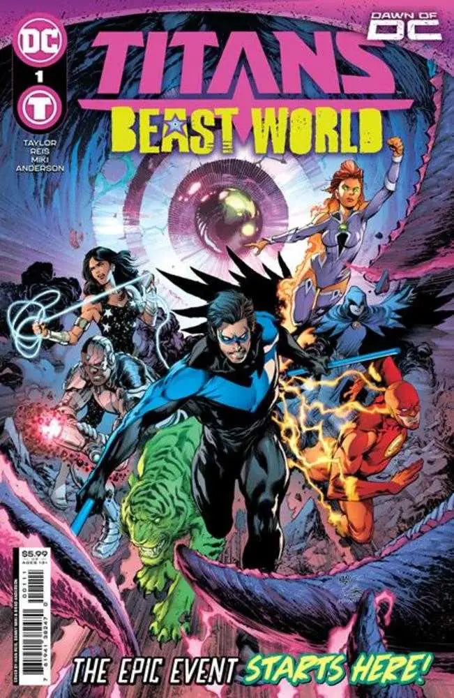 Comic book cover of Titans Beast World #1 by Ivan Reis showcasing superheroes in action