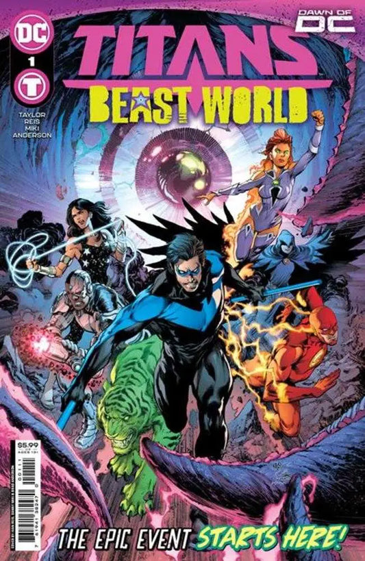 Comic book cover of Titans Beast World #1 by Ivan Reis showcasing superheroes in action