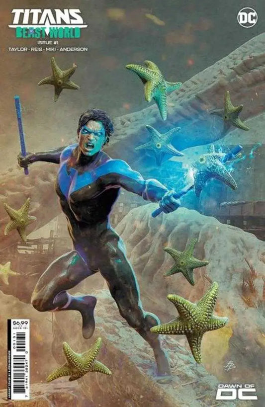 Comic book cover of Titans Beast World #1 with superhero and blue energy powers