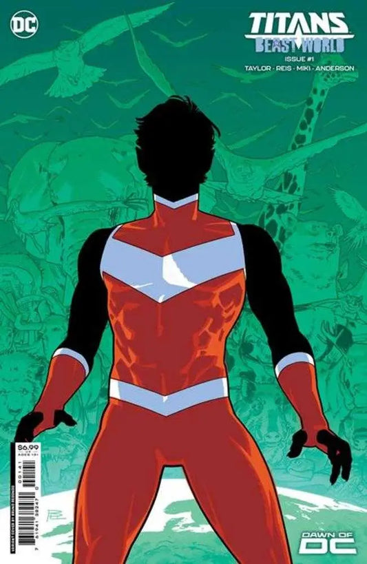 Silhouetted figure in red and white superhero costume for Titans Beast World trading cards