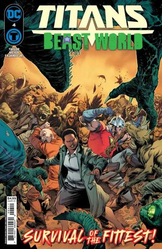 Comic book cover for Titans: Beast World #4 with characters facing monstrous creatures