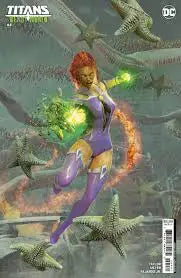 Superhero with red hair flying and wielding green energy in Titans Beast World trading cards