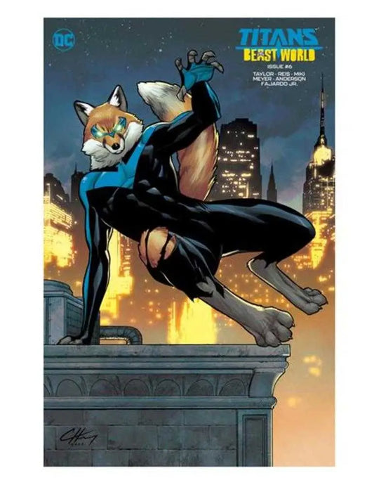 Anthropomorphic fox superhero character on a ledge in Titans Beast World trading cards design