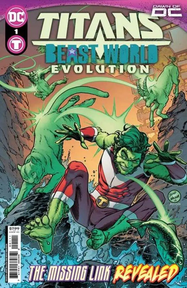 Comic book cover for Titans Beast World Evolution featuring a green creature transforming