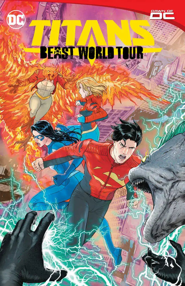 Comic book cover of Titans Beast World Tour showcasing dynamic action and colorful energy