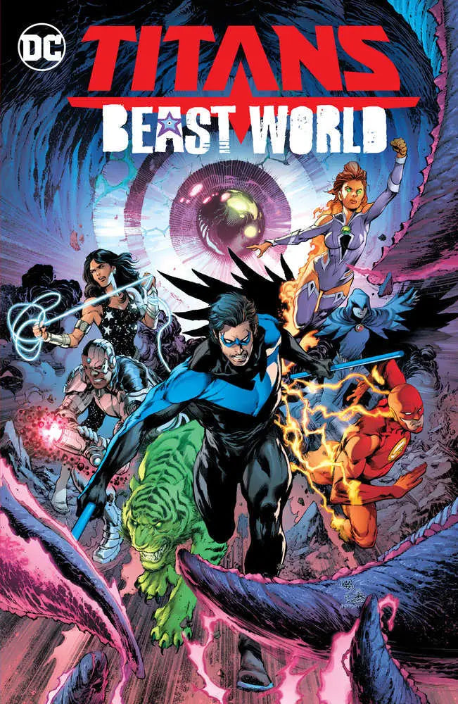 Comic book cover for Titans Beast World TPB featuring Beast Boy and cosmic action