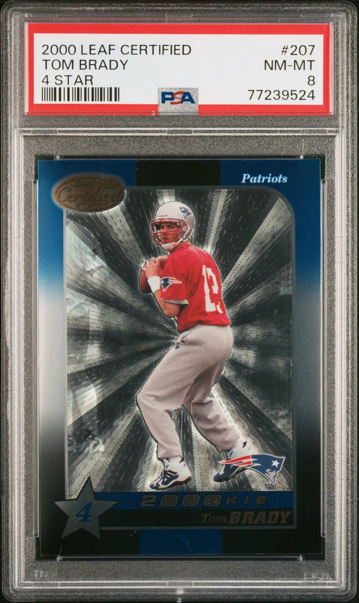 PSA graded Tom Brady 2000 Leaf Certified Rookie football card in red practice jersey