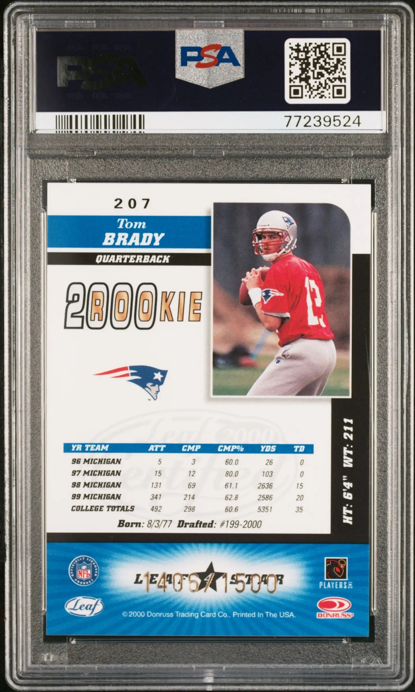 PSA-graded Tom Brady Leaf Certified Rookie football card in red jersey number 12