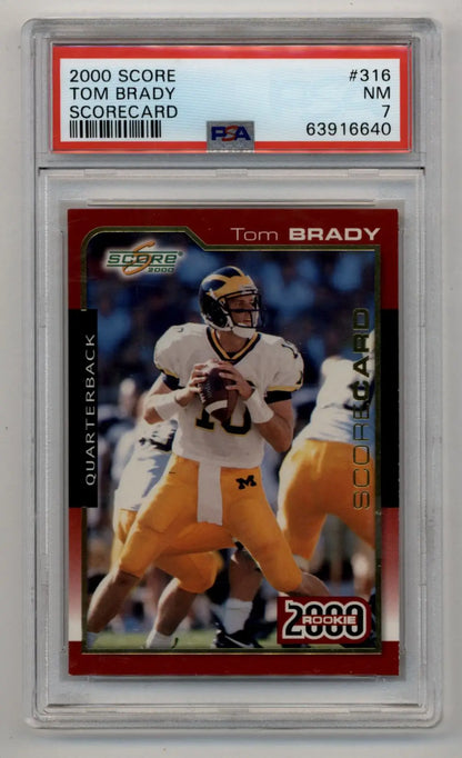 PSA-graded Tom Brady 2000 Score #316 football trading card in white uniform