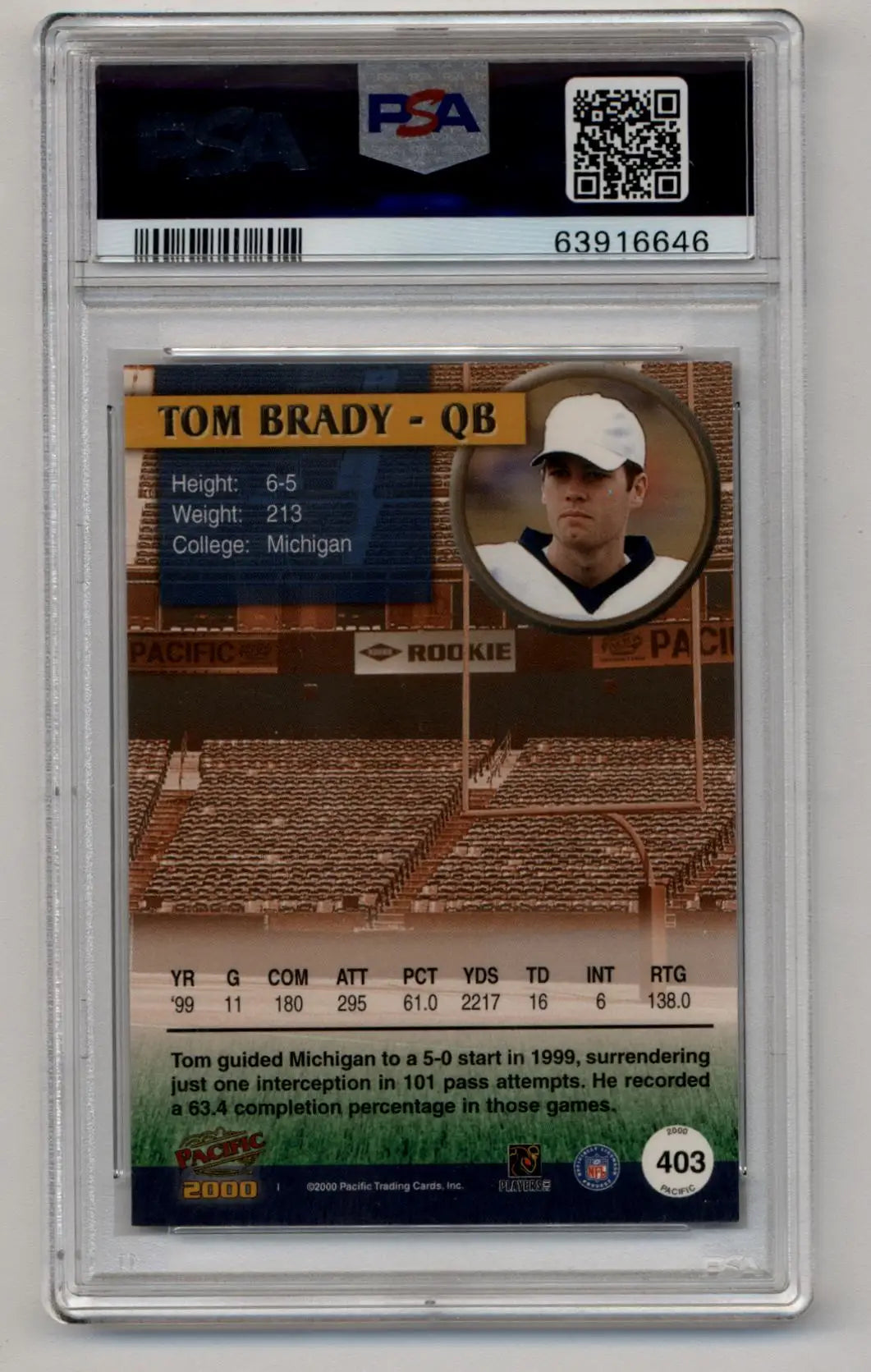 Tom Brady 2000 Score #316 trading card in protective case featuring quarterback in white hat