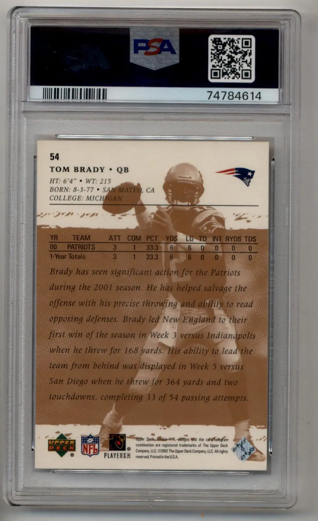 PSA-graded Tom Brady 2001 U.D Rookie FX trading card with brown-tinted back design