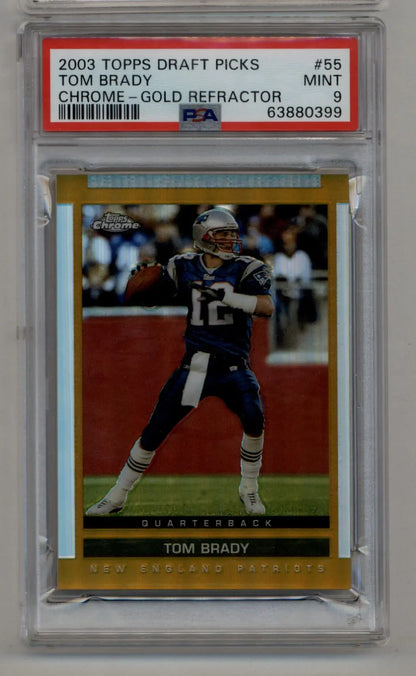 PSA-graded Tom Brady 2003 Topps Draft Picks Chrome Gold Refractor in protective case