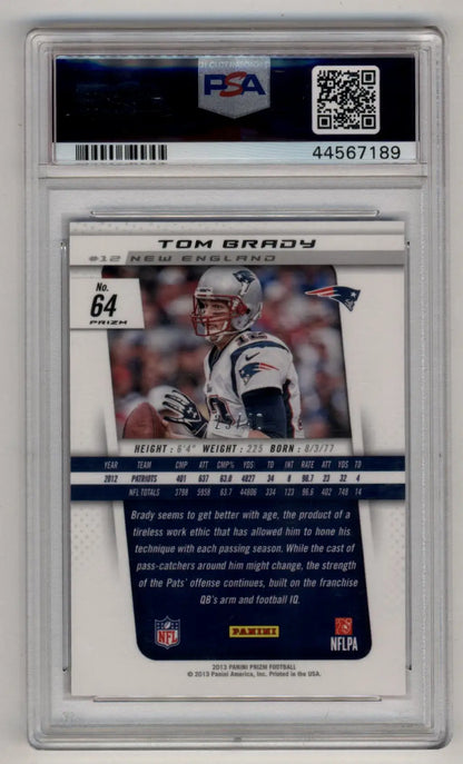 PSA-graded Tom Brady 2013 Prizm Purple Cracked Ice card in protective case