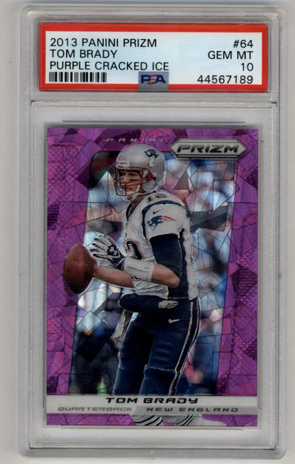 PSA-graded Tom Brady 2013 Prizm Purple Cracked Ice football card in protective case